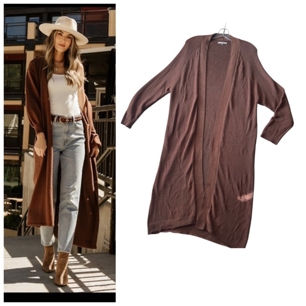 Oak + Fort Knit Long Open Cardigan Sweater Oversized Duster Shawl Ribbed Trim S
